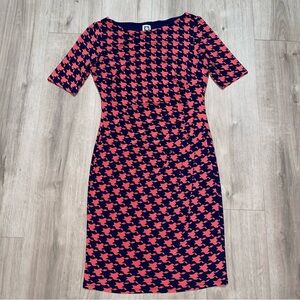 Anne Klein Flattering Comfortable Salmon & Blue Houndstooth Midi Dress Size 6